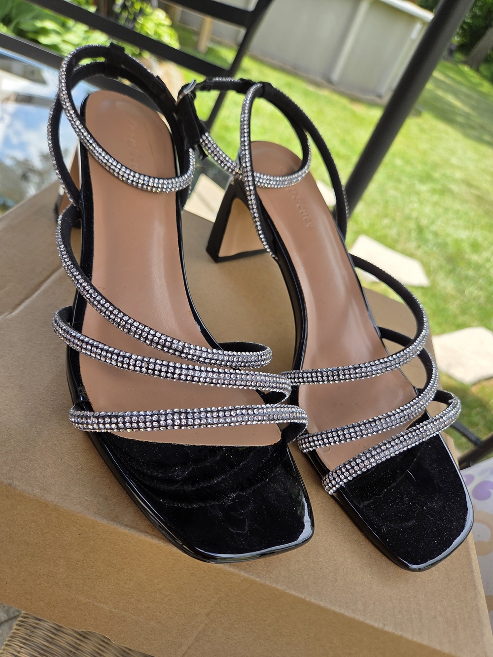 Fever Black Rhinestone Strappy Block Heel Sandals